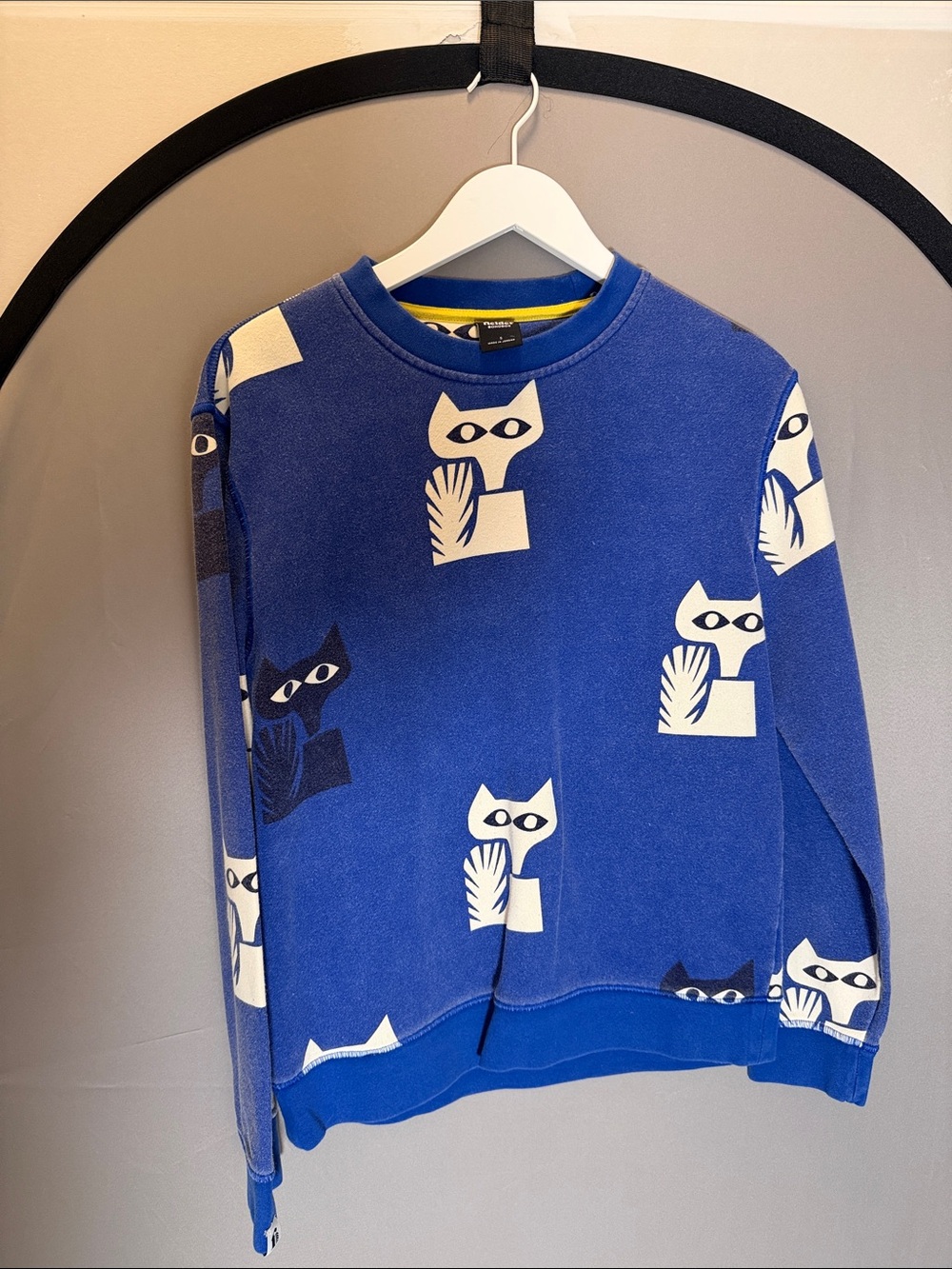 Bonobos Blue Crewneck Sweater with Cat Motif